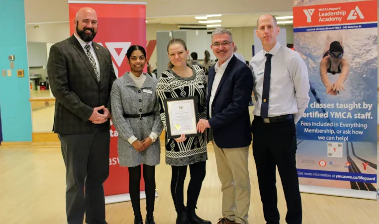 From left: MPP Terence Kernaghan with the YMCA’s Chitra Sreekumar, Alax Brown, Andrew Lockie, and Denis Giles