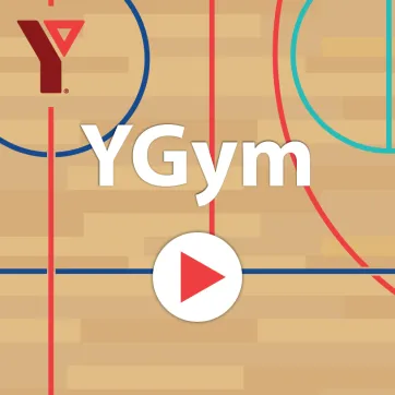Gymnasium floor background with YGym logo and play button.