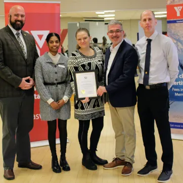 From left: MPP Terence Kernaghan with the YMCA’s Chitra Sreekumar, Alax Brown, Andrew Lockie, and Denis Giles